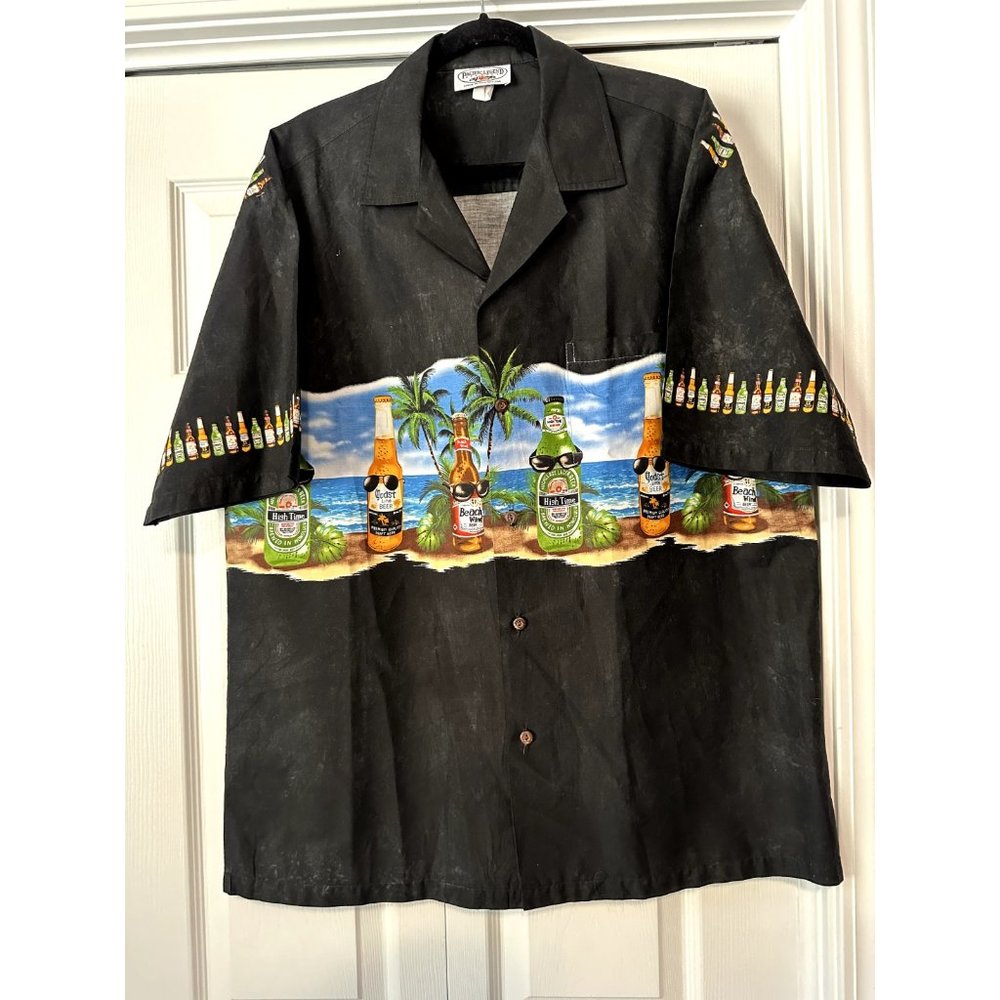 Hawaiian shirt Pacific Legend XL beer bottles palm trees made in Hawaii black